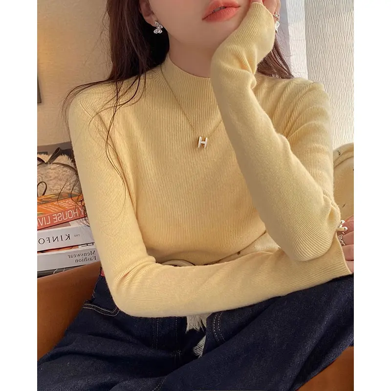 

Light Yellow Sweater Woman Long Sleeve Rib-knit Mock Neck Sweater Pullover Plain Mockneck Jumper Autumn Winter Basic Outfit