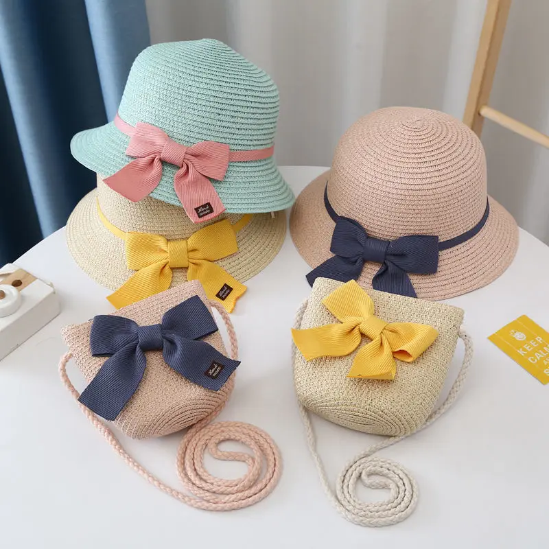 Cute Bow Girls Straw Hat+Shoulder Bag Summer Outdoor Sun Bucket Hat Tote Bags 2pcs a Set Baby Travel Beach Sunshade Hat Gorros