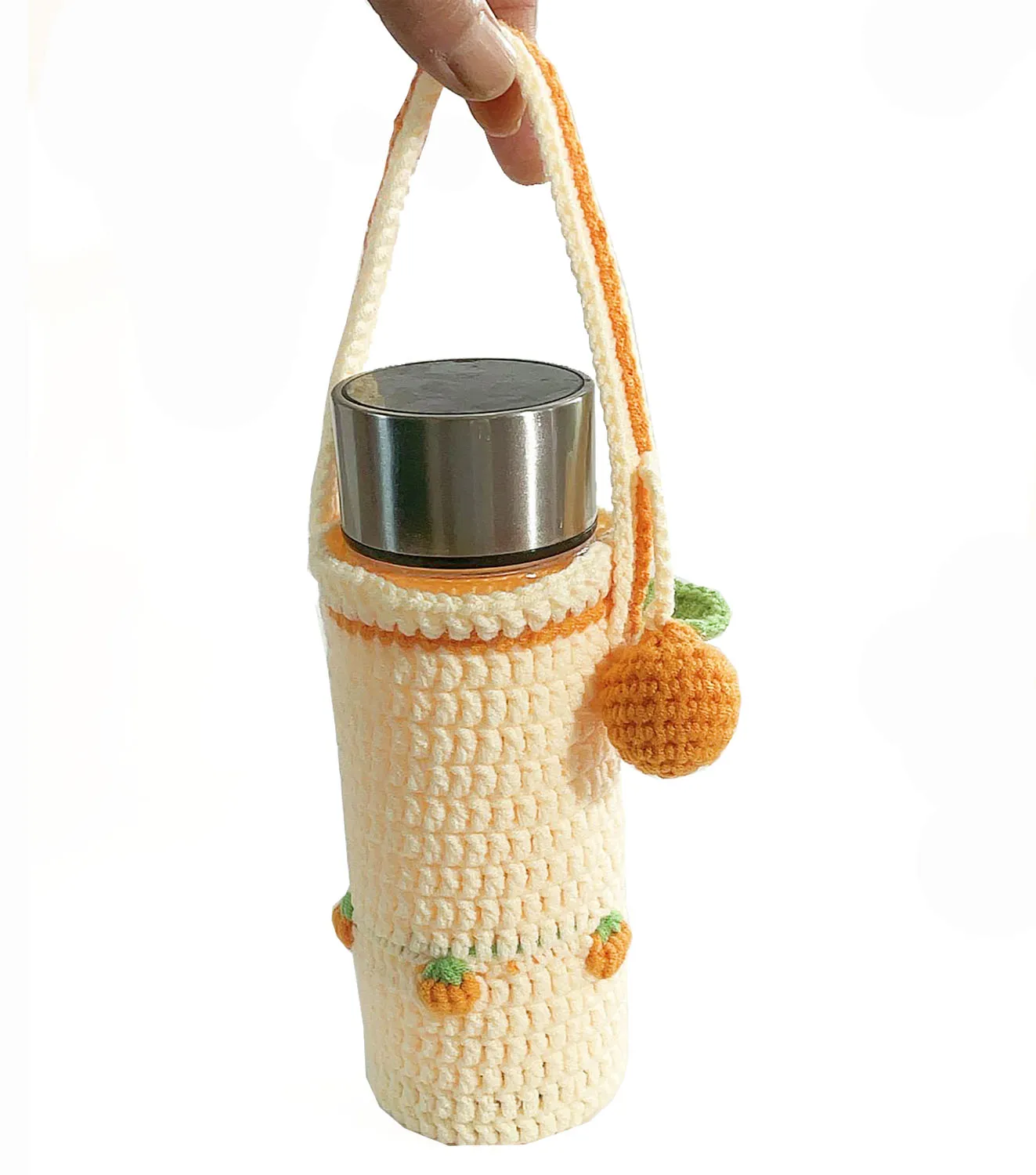 BomHCS Orange Knitted Bottle Case Tote Bag Knot Bucket Purse Handbag Handmade Cup Bags