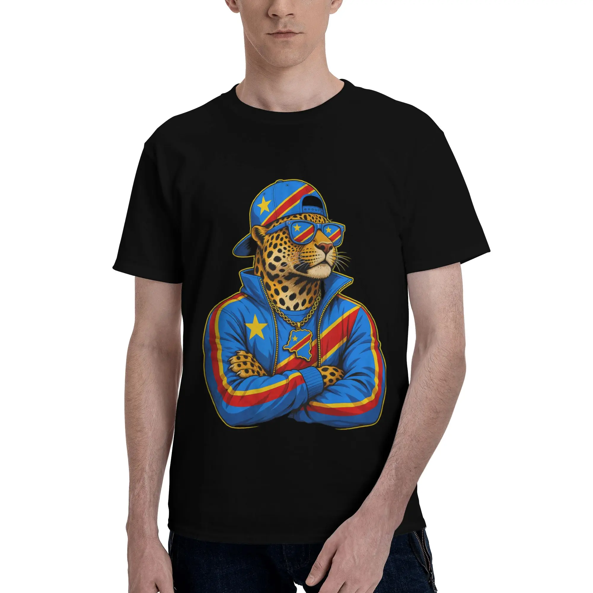 DR Congo National Pride Leopard Flag Men T-Shirt Clothes  Leisure Tees Short Sleeve fugees Cotton
