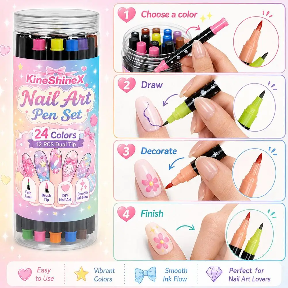 Nail Art Pen Set With 24 Colors And 12 Dual Tip Pens Featuring Fine Liner And Brush Tips For DIY Patterns And Colorful Manicures