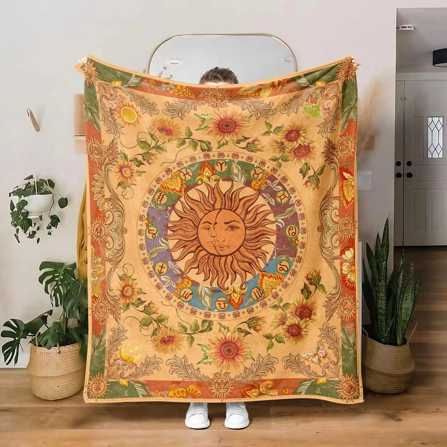 Vintage Sun Face Zodiac Signs Sunflower Retro Border Print Soft Flannel Blanket Boho Warm Throw for Sofa Bedroom Home Use