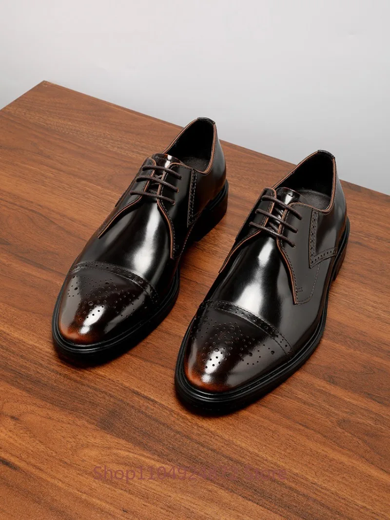 

High End Handmade British Style Leather Shoes for Men Formal Business Genuine Leather Lace Up Brogue Carved Wedding Work Shoes