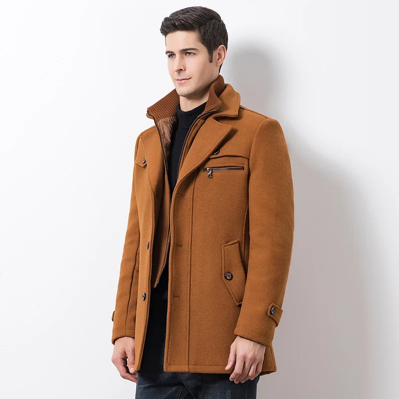 Winter Men's Casual Wool Trench Coat Fashion Business Medium Solid Thicken Slim Windbreaker Overcoat Jacket Male Plus Size 5XL