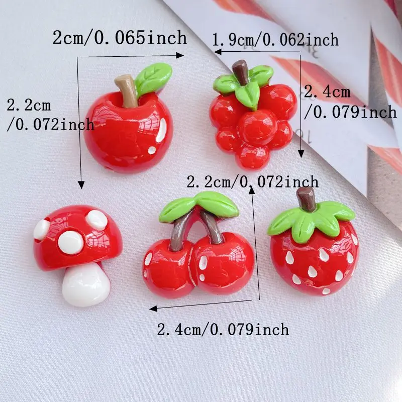 10 Pcs New Cute Cartoon Mushrooms, Strawberries, Apples, Cherries Series Flat Back Resin Scrapbooking DIY Jewelry Hairpin Craft