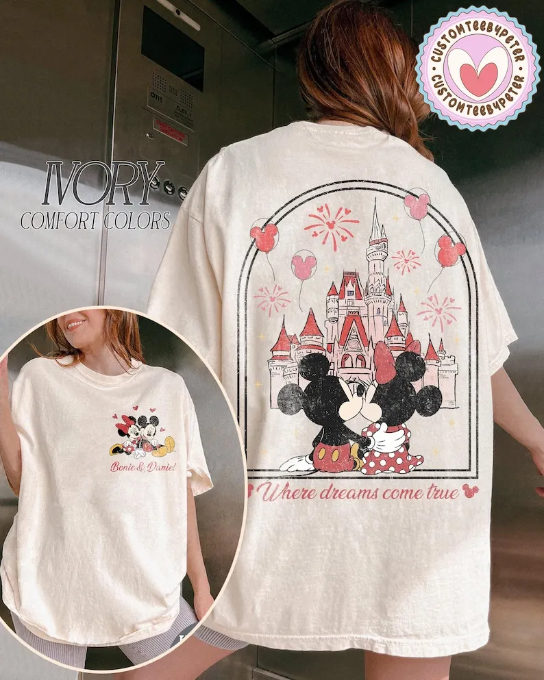 

Ретро-футболка с Микки и Минни на День святого Валентина, футболка для влюблённых «Где сбываются мечты», футболка для молодожёнов, футболка для влюблённых