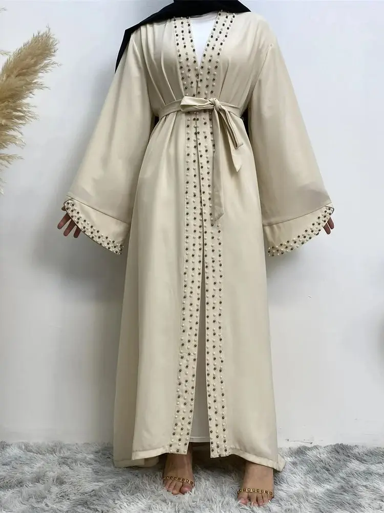 Fashion Muslim Middle East Dress Women Casual Elegant long sleeve Long dress Arab Dubai Turkish Feminine beaded cardigan dress