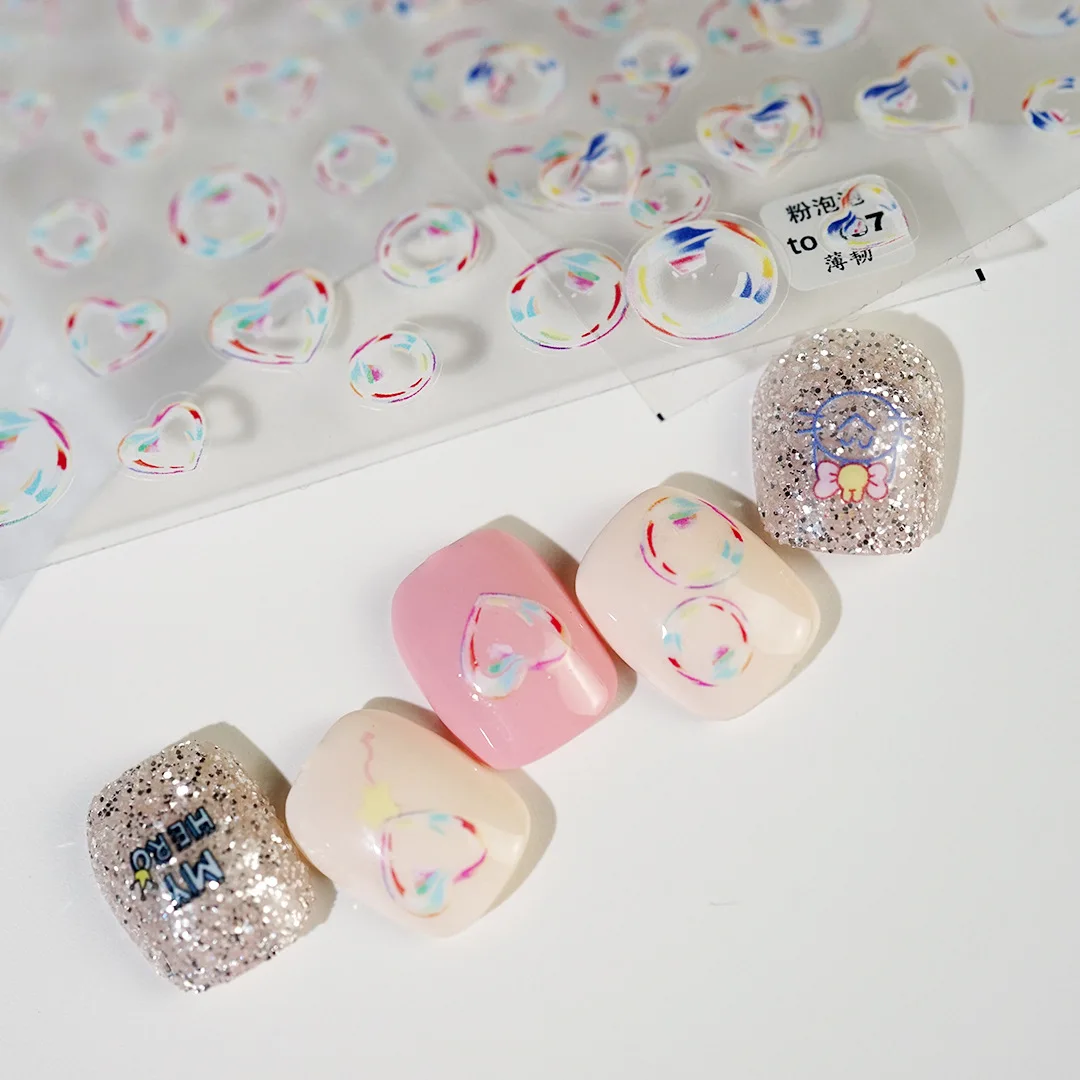 1 szt. Modna 5D Kawaii różowo-niebiesko-białe bąbelki naklejka artystyczna do paznokci z wydrążonym ozdoba do paznokci do przenoszenia miłości samoprzylepne naklejki z suwakiem