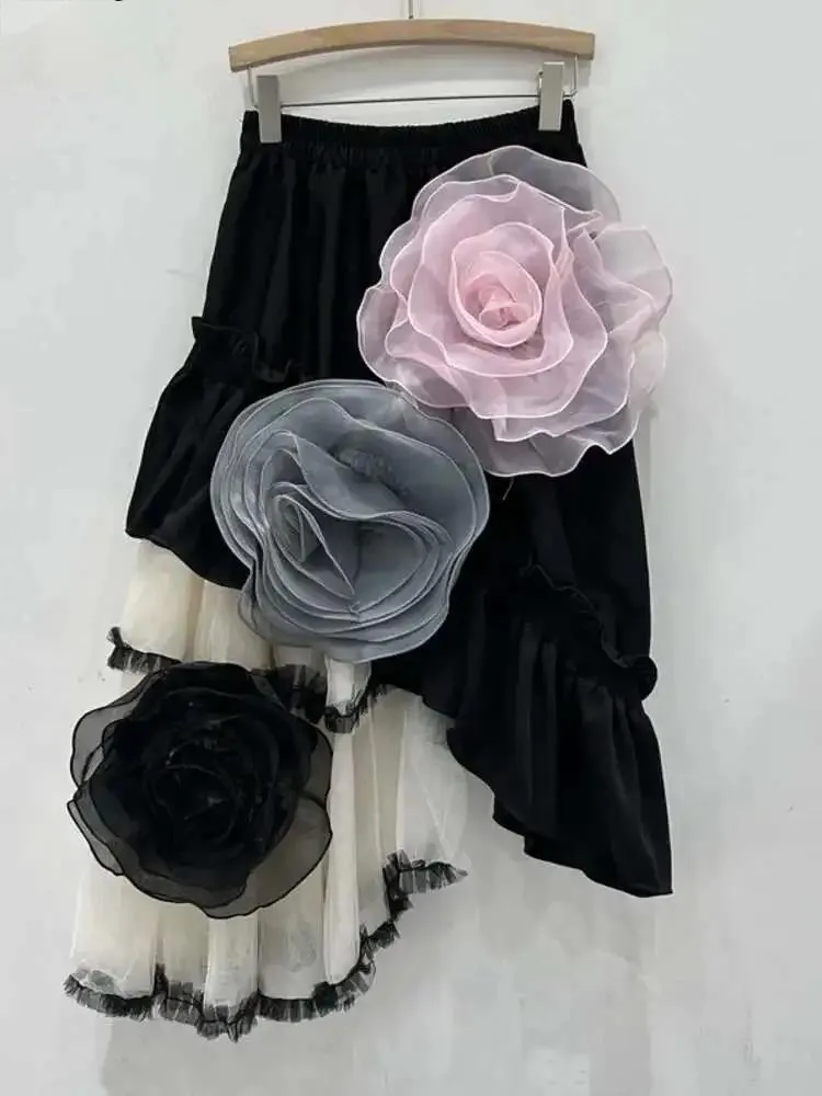 

Sweet Fashion Style Mesh Splicing Irregular Contrasting Colors Skirt 3D Flower Design Women Skirts Autumn New