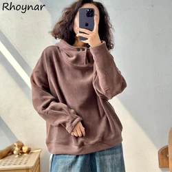 Chic Button Fleece Hoodies Women Fashion Solid Simple Loose Leisure Young Warn Soft Popular All-match Hooded Tops Girls Ins New