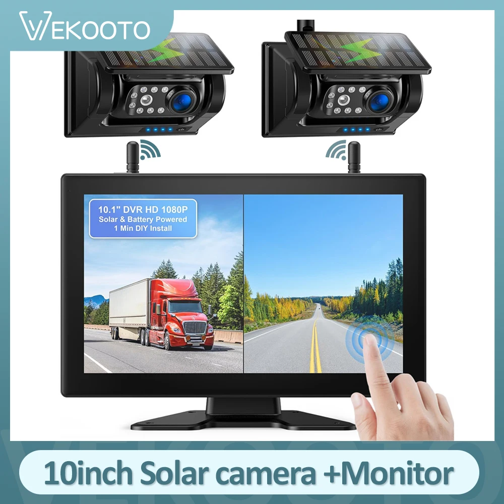 VEKOOTO 1080P Magnetic Solar Wireless Backup Camera IR night vision with 10.1 inch touch screen DVR monitor for RV Trailer Truck