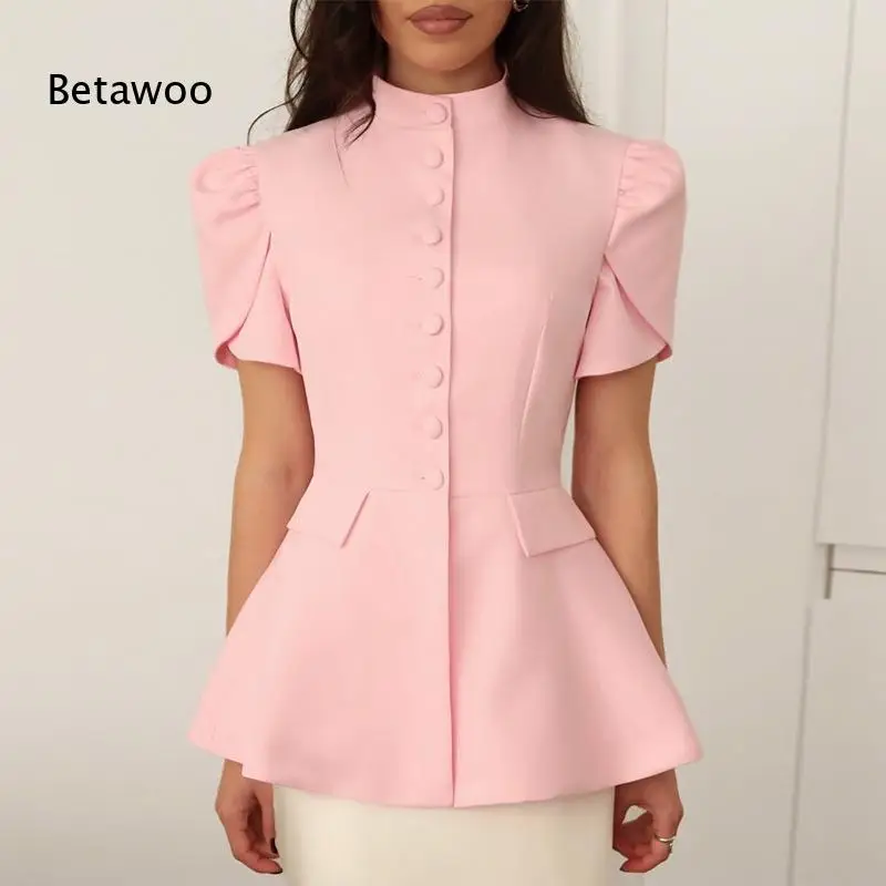 

Women's Short Sleeve Stand Collar Peplum Top, Elegant Button Down Puff Sleeve Blouse with Flared Hem for Office and Casual Daily
