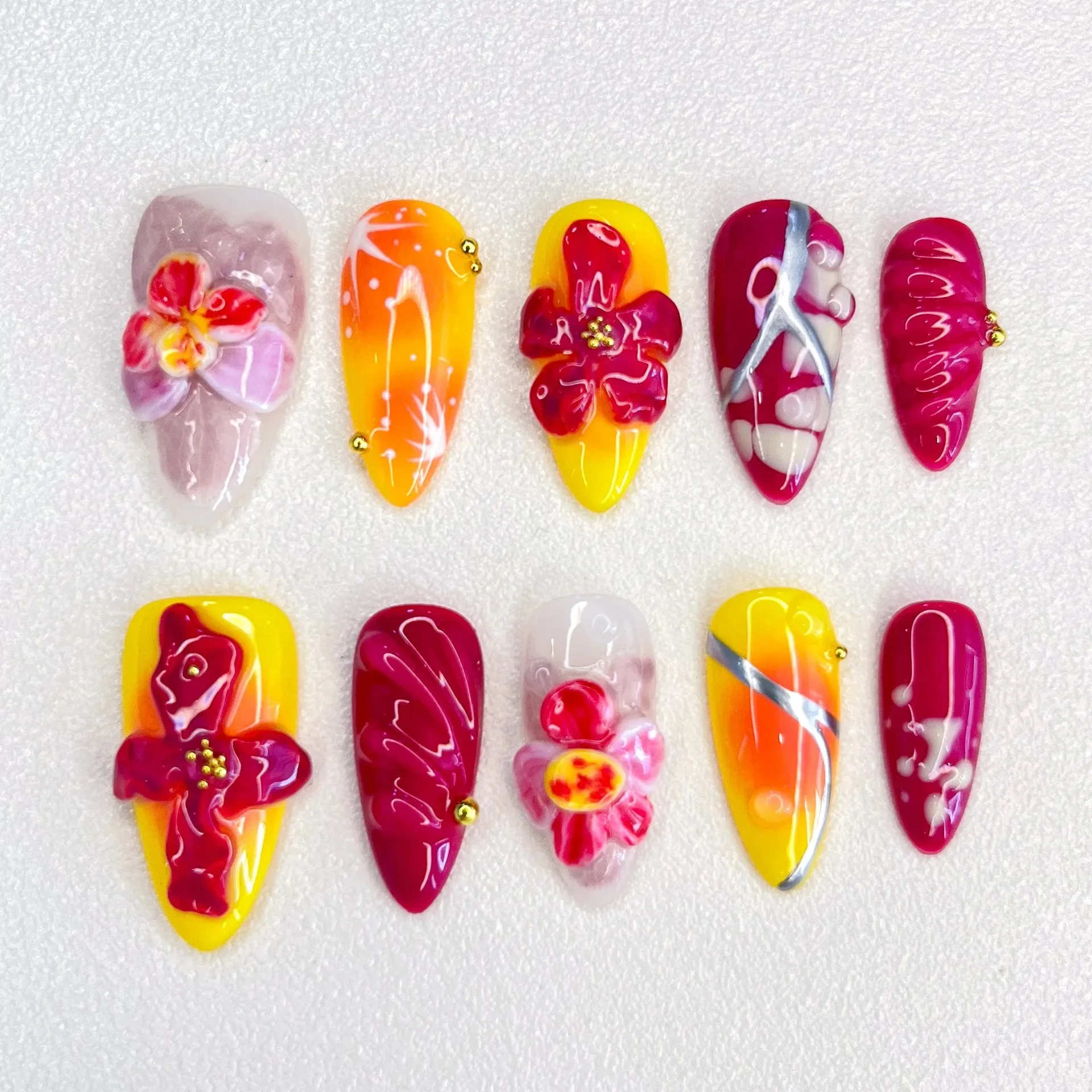 

10pcs Handmade Medium Almond Press on Nails 3D Pink Flower Style Fake Nail Art Hand Painted Flowers Flash Yellow Y2k False Nails