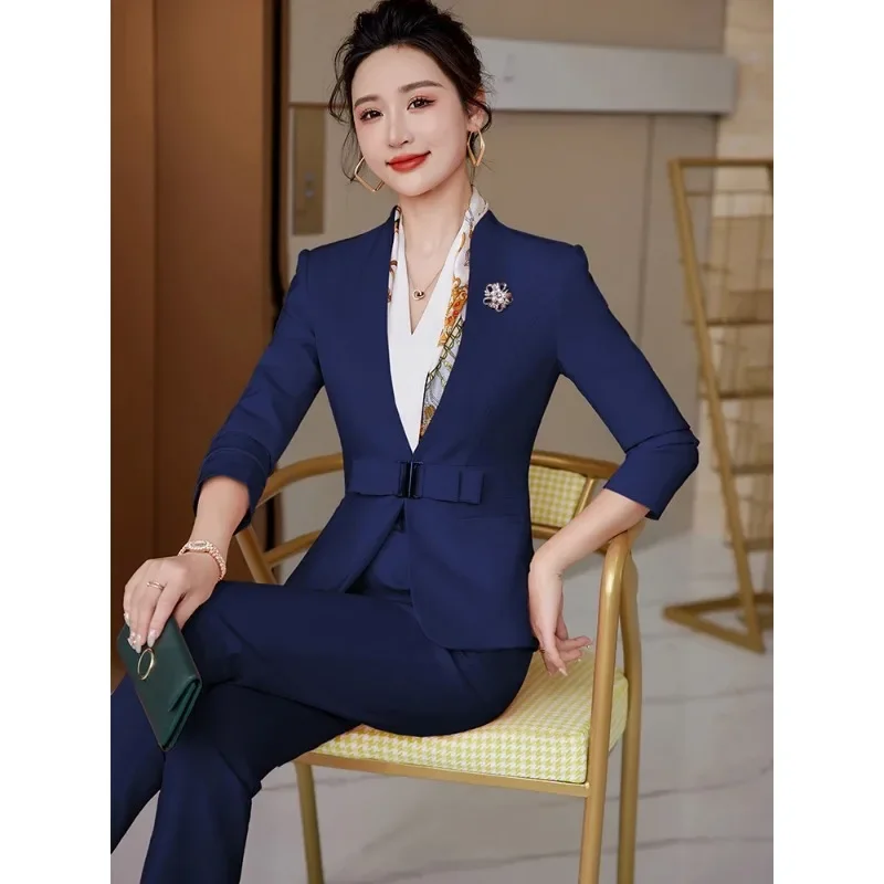 Office Ladies Formal Business Work Wear pantalone donna bianco nero vino Navy donna scollo a v Blazer e pantaloni 2 pezzi Set