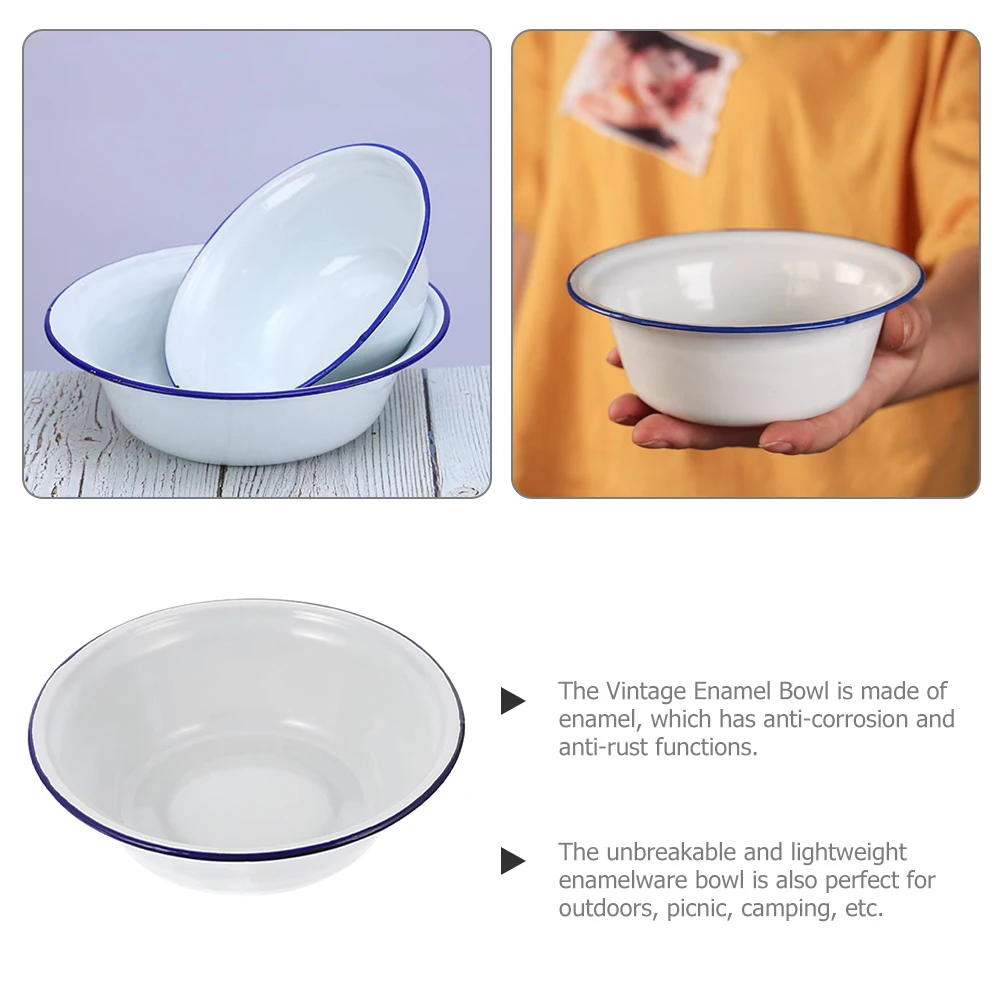 

3 Pcs Soup Bowl Enamel Bowls Large Vintage Old Fashioned for Kitchen White Canteen Basin