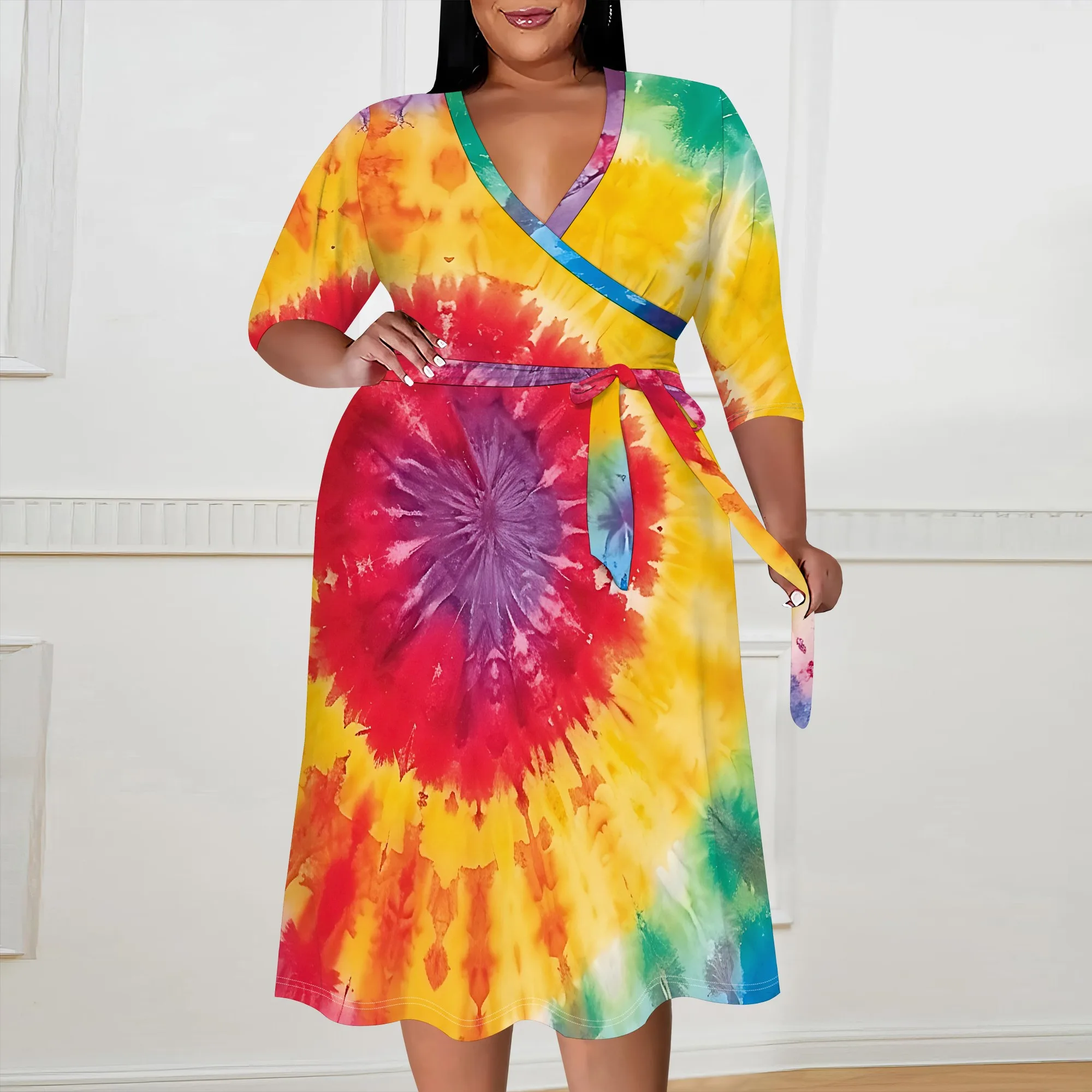 

Rainbow Tie Dye Print Plus Size Dress XL-6XL V-Neck 3/4 Sleeve Belted Wrap Style for Music Festival, Beach Party or Summer Look