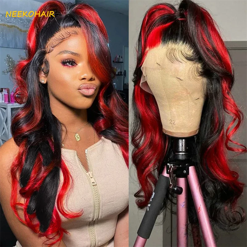 13x6 Lace Frontal Wig Half Black Half Red Split Two Tone Cosplay Wig Long Wave Bicolor Wigs Human Hair Wig For Women