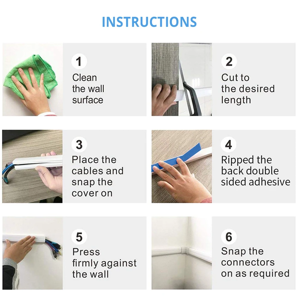 ABGH-10Pcs PVC Cord Duct Cable Cover Raceway Wall Cable Management Electric Cache Cable Channel Wire Cover Waterproof