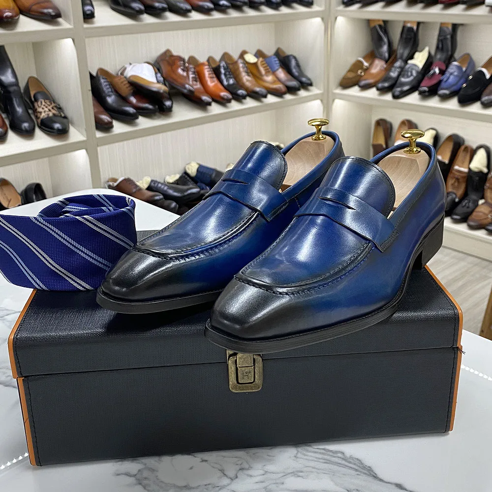 Big Sizes Classic Mens Penny Loafers Genuine Leather Blue Brown Business Dress Shoes for Men Handmade Slip on Male Footwear