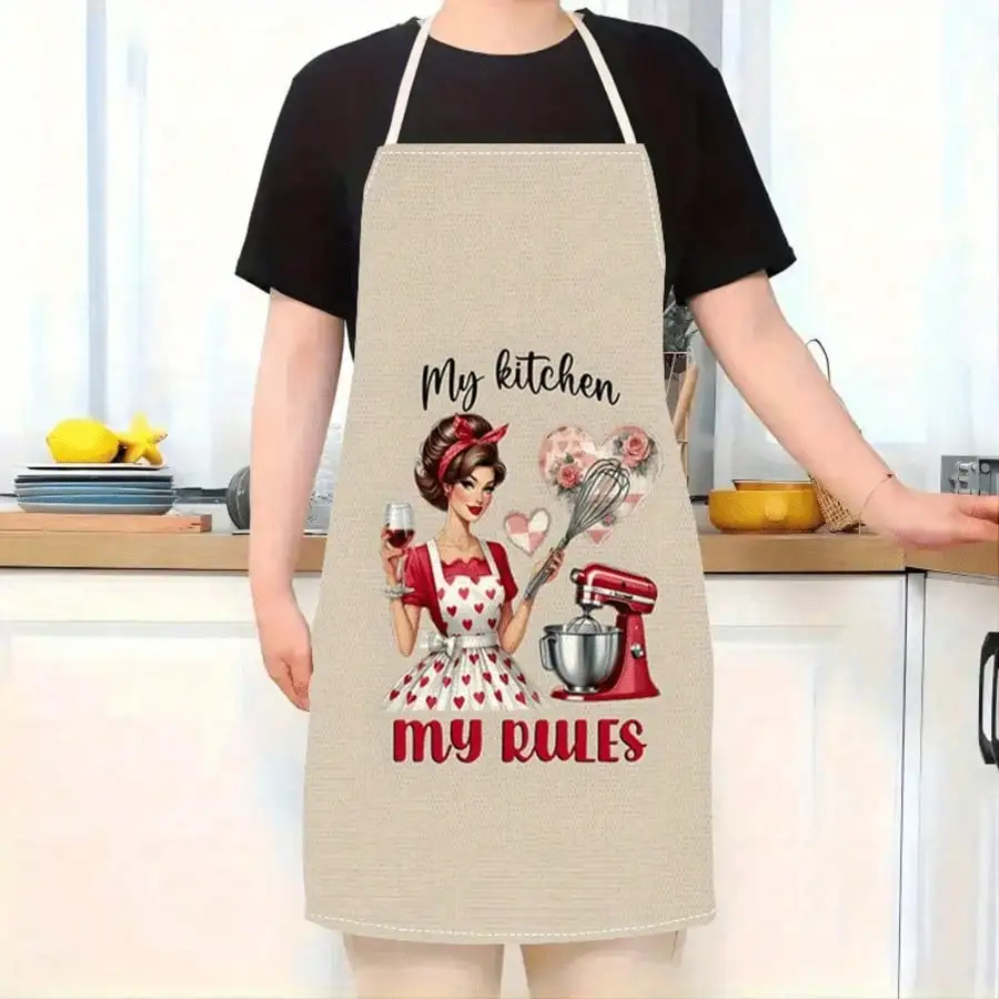 Retro Housewife Apron, My Kitchen My Rules, Vintage Girl Baking Print, Red Mixer Pattern, Funny Cooking Smock for Women
