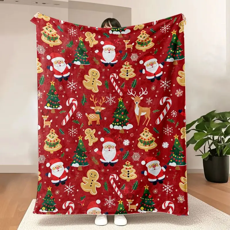 VIKAMA Christmas Throw Blanket Cartoon Santa Tree Gingerbread Reindeer Soft Plush Fleece Couch Sofa Blanket Holiday Decor