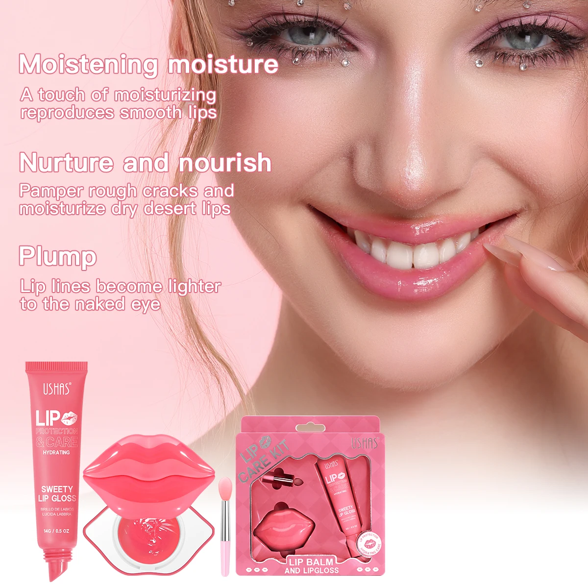O conjunto USHAS Sweetheart Lip Color e Lip Balm fornece proteção hidratante para lábios secos e rachados.