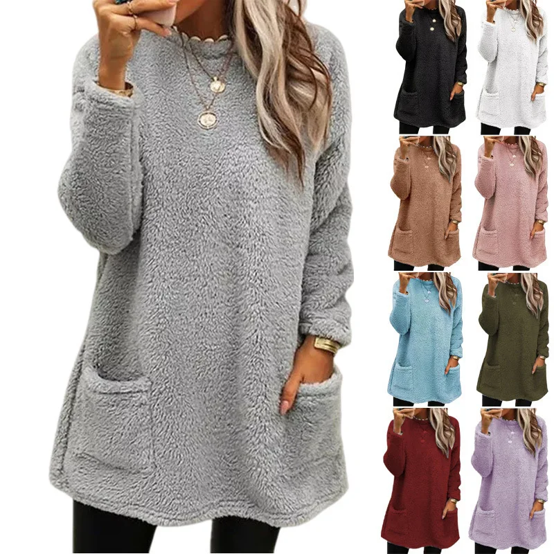 

Y2K Fall/Winter Crew Neck Pullover Fleece Sweatshirt for Women - Daily Commute Casual Long-Sleeve Double-Pocket Warm Long Top