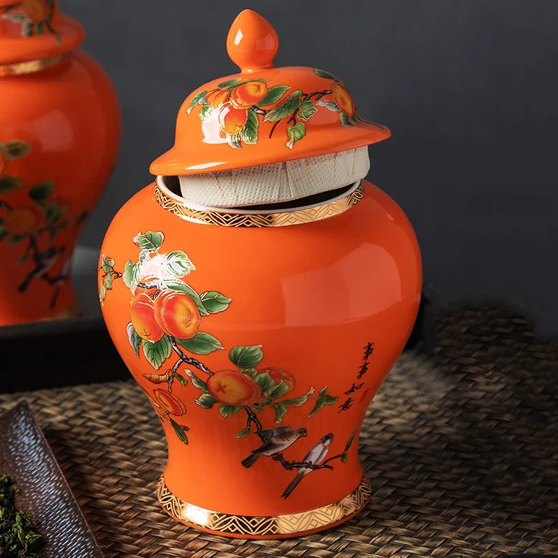 Persimmon Ceramic Tea Can with Lid Sealed Tea Can Storage Can for Household Empty Can General Decoration Creative Ginger Can