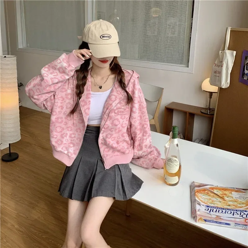 Pink Zip Hoodie Y2k Harajuku Streetwear Leopard Print Ladies Hip Hop Fashion Zipper Loose Casual Long Sleeve Top Women Ulzzang