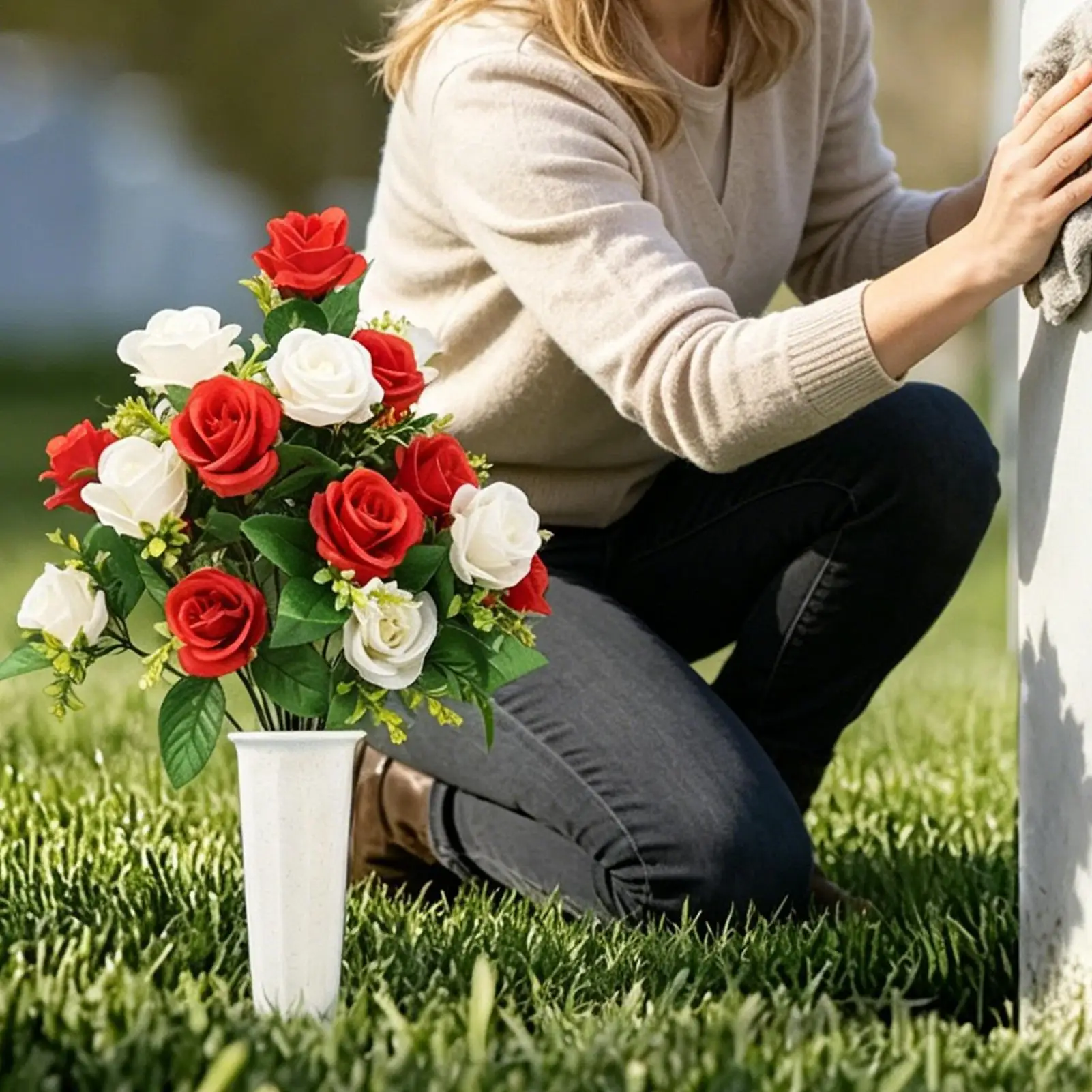 Memorial Fake Floral Ornament Artificial Cemetery Flowers with Vase Stake for Outdoor Porch Indoor Garden Grave Decoration