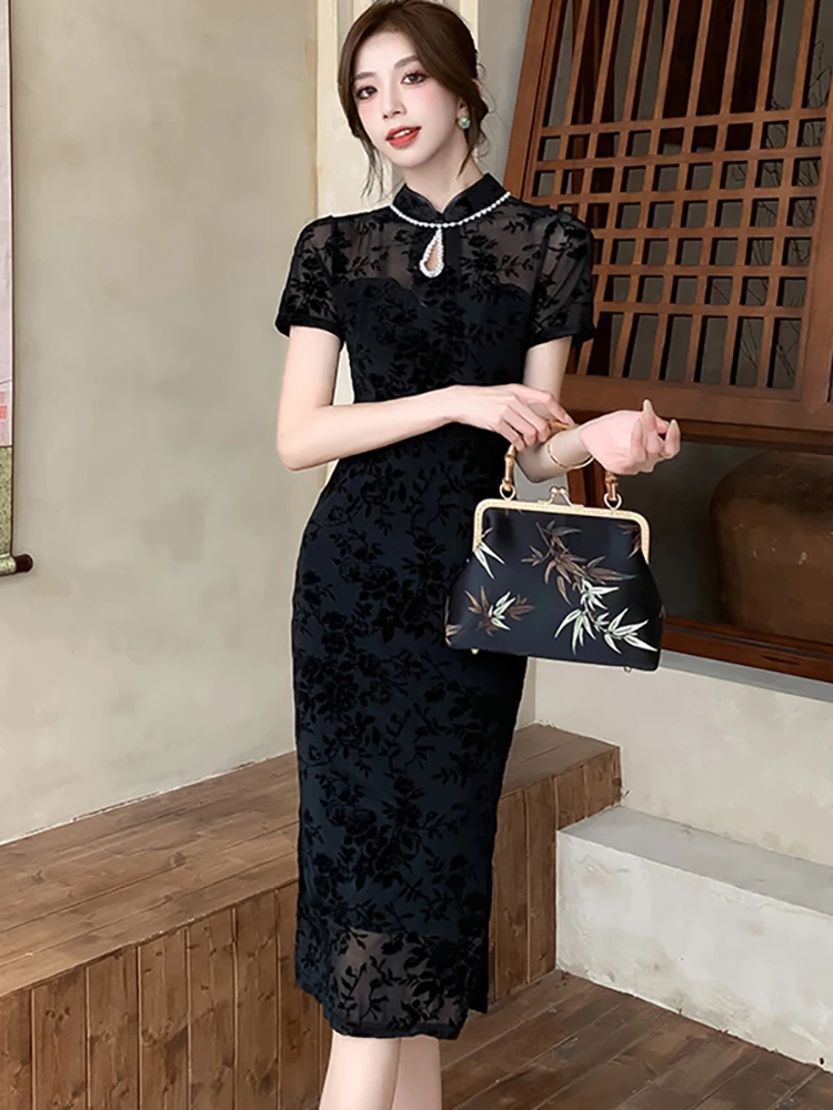 Black Jacquard Patchwork Lace Sheer Sexy Dress for Women 2024 Korean Vintage Diamonds Luxury Dress Summer Elegant Bodycon Dress