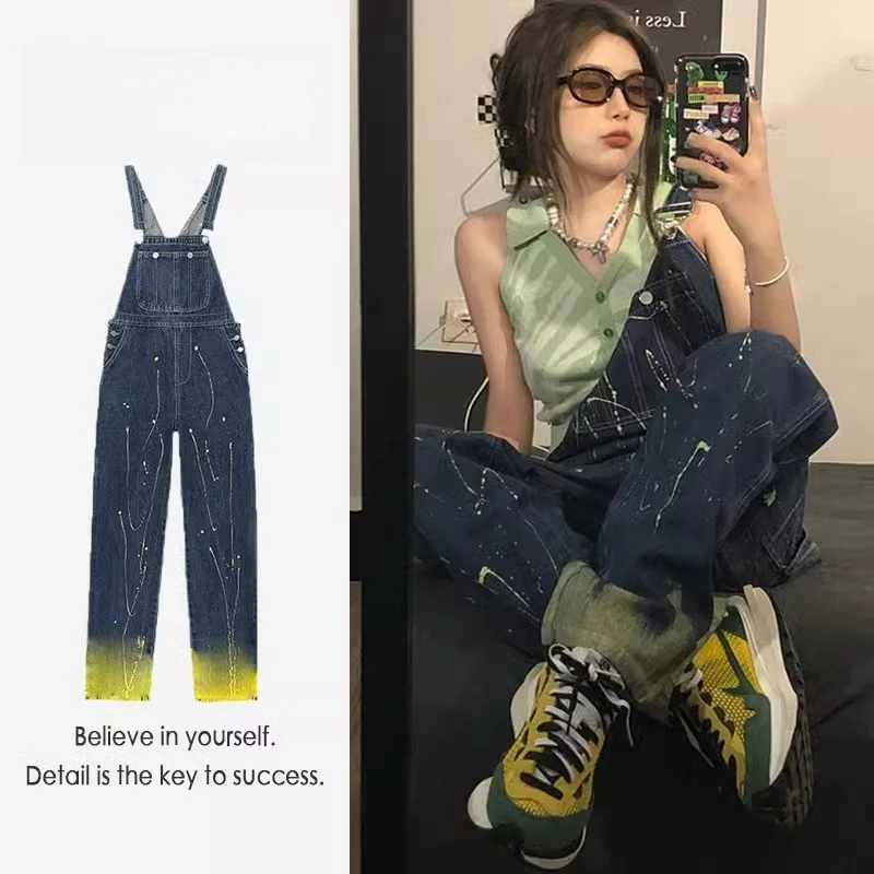 

Elegant High Waist Wide Leg Denim Overalls Women's Spring Autumn plus Size Design Sensation Slimming Straight Cut Trousers
