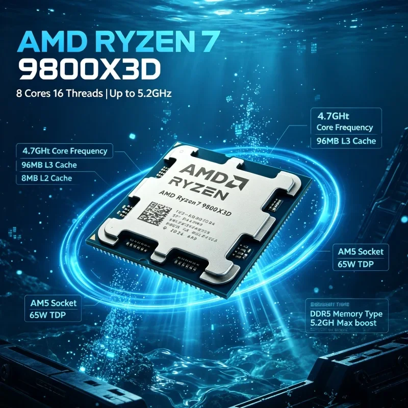 AMD Ryzen 7 9800X3D Multi-Task CPU 8 Core 16 Thread 96MB L3 Cache 4.7GHz 5.2GHz AM5 DDR5 4nm 120W Gaming Desktop Processor