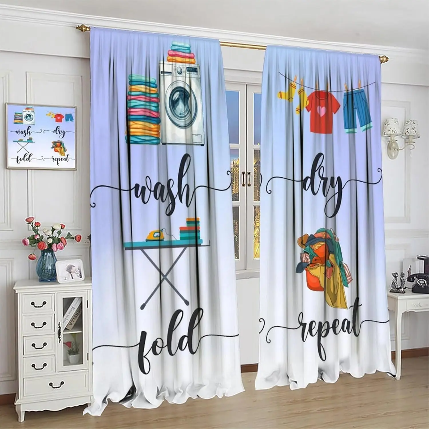 

Шторы с рисунком для прачечной, синий градиент, абстрактное искусство, акварель, стирка, сухая складка, повторный декор, стержень, карманные оконные украшения для