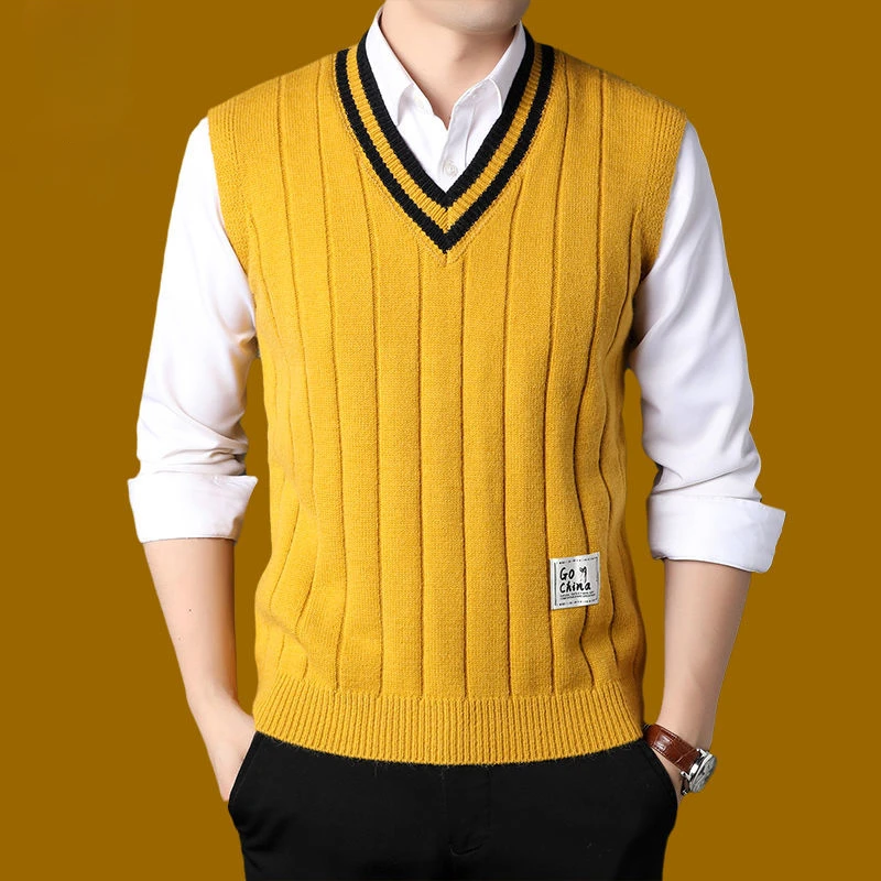 

Men's Clothing Icon Knit Sweater Male Sleeveless Striped Waistcoat Vest Beige Heated Korean Style High Quality Replica Street X