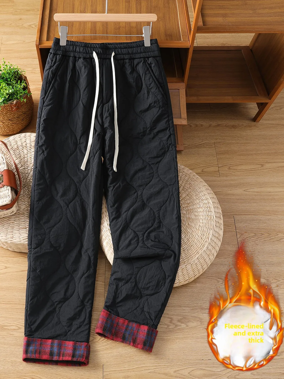 Pantalons en coton grande taille pour femmes, vêtements d'extérieur amples et polyvalents, en coton à carreaux, pantalons chauds décontractés, taille haute, droits...