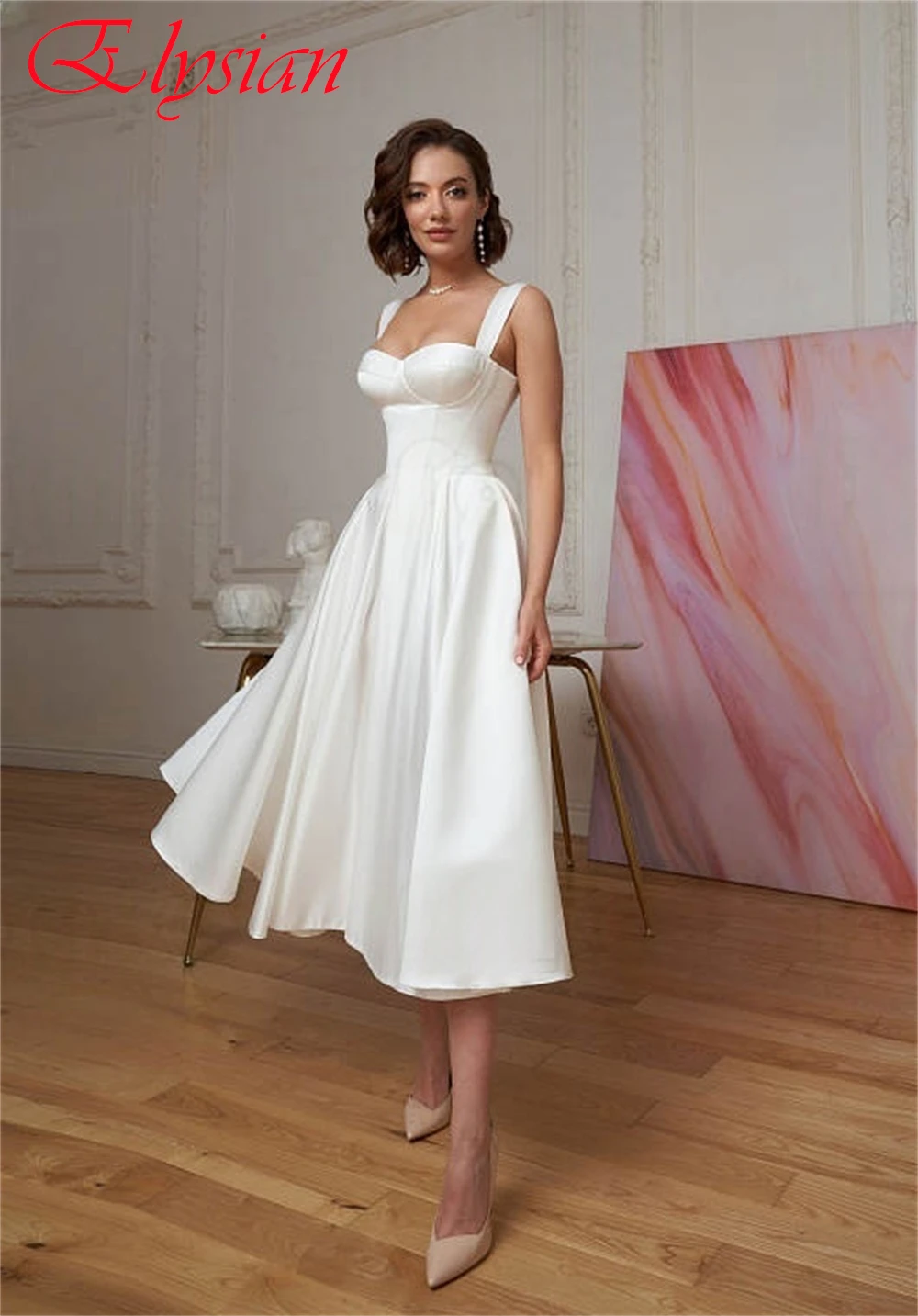 

Customized Exquisite White Satin Wedding Dress Delicate Strapless Spaghetti Straps Bridal Party Fashion Lace Up Back Bridal Gown