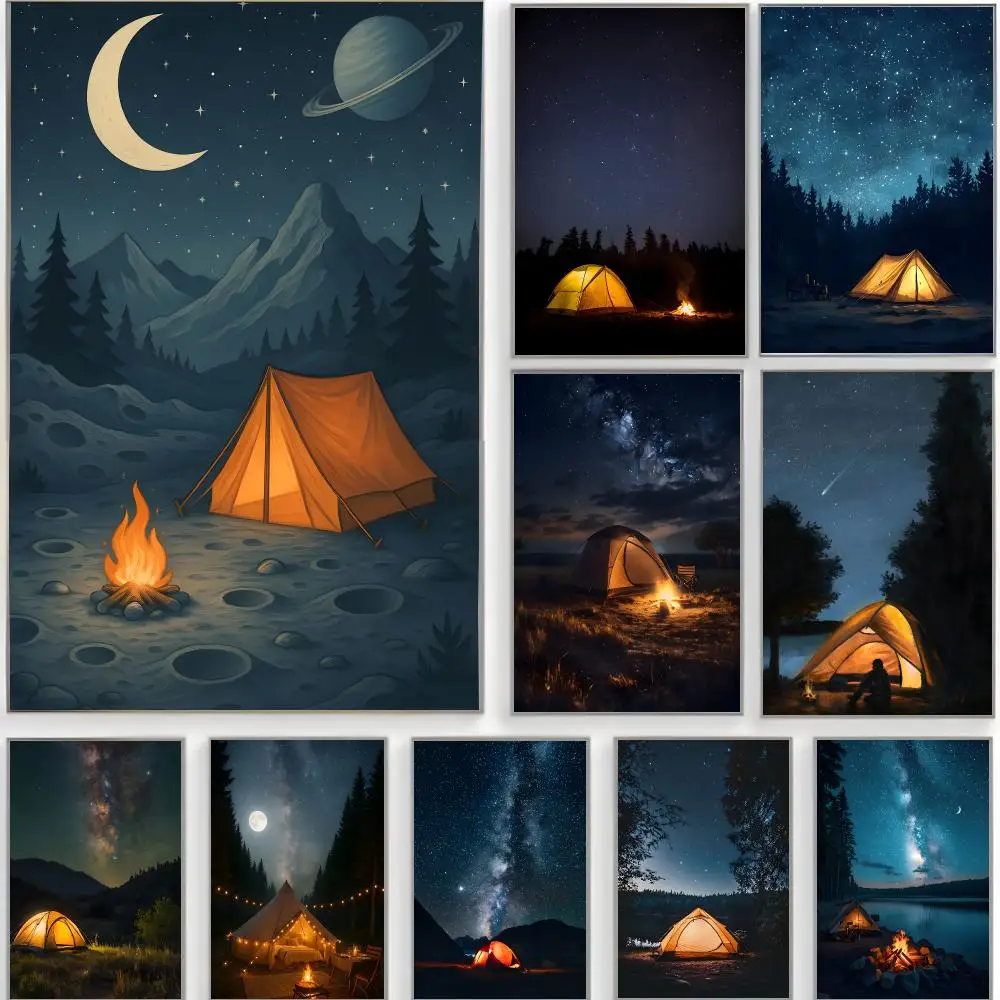 cute artwork t-tent starry camping Poster Classic Wall Art  Home Decor  Peel and Stick Unframed