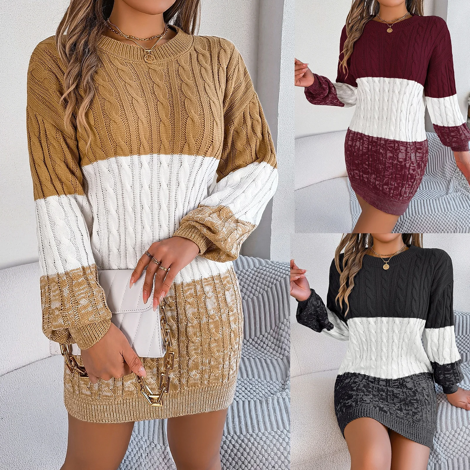 

Autumn Winter Casual Patchwork Color Twist Lantern Sve Sweater Dr Long Sve round Ne Other Material 00% Women's Fa...