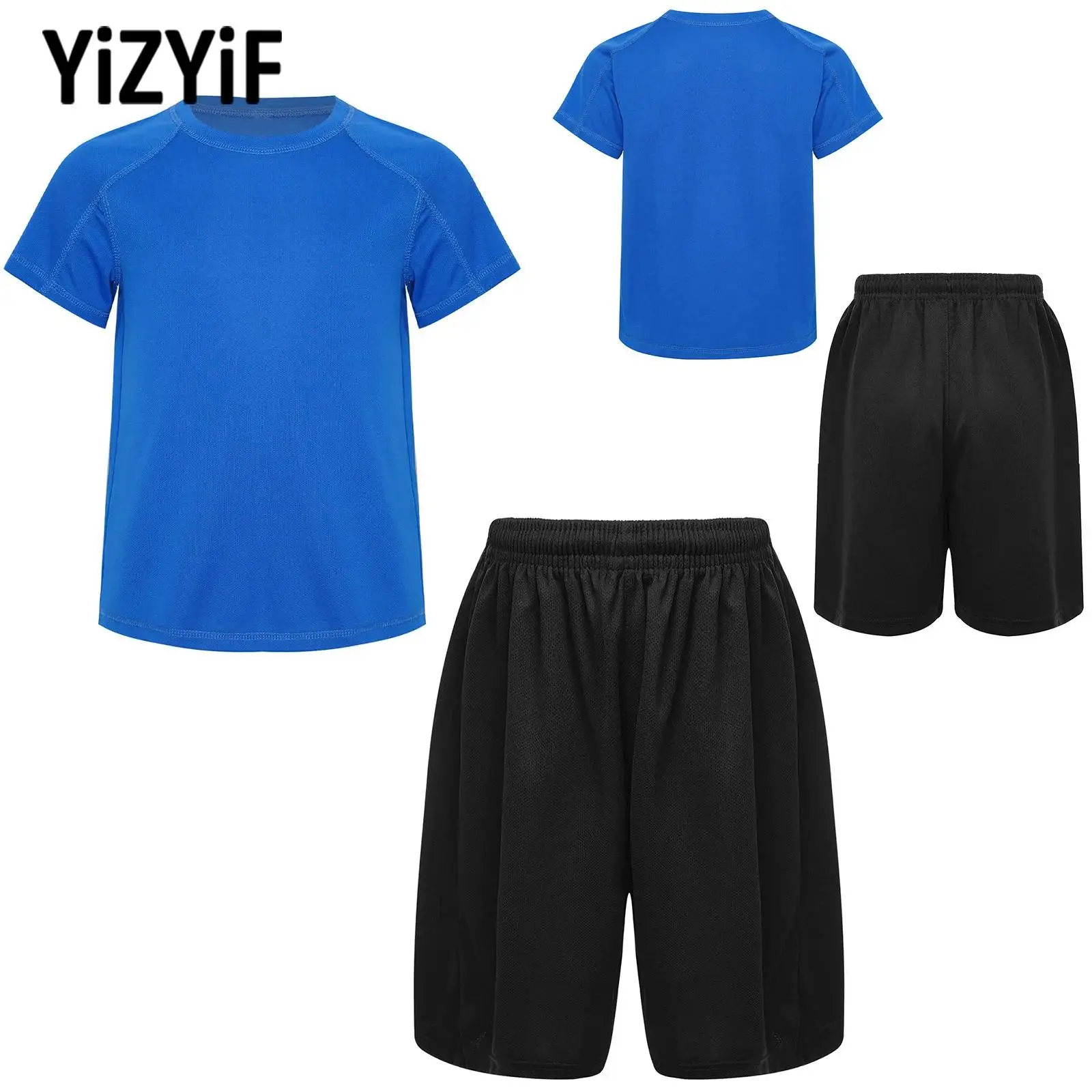 

Kid Boy Solid Color Short Raglan Sleeve T-shirt Quick-Drying Athletic Shirt Breathable Sports Top with Elastic Waistband Shorts
