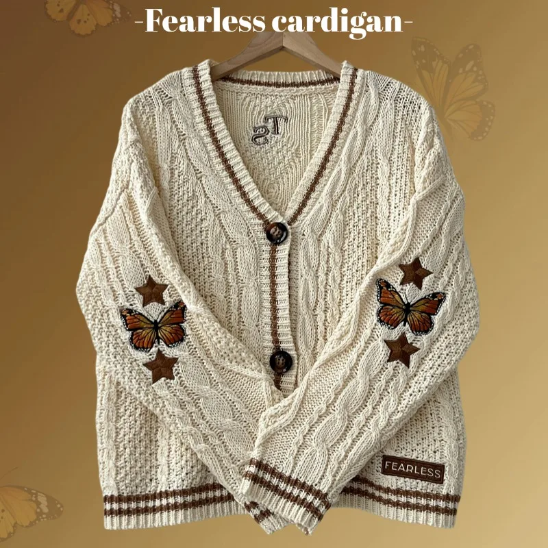 Beige Brown Women Cardigan with Butterfly Star Patch Knitted Sweaters Folklore Girl Tops Autumn Winter Vintage Holiday Cardigans