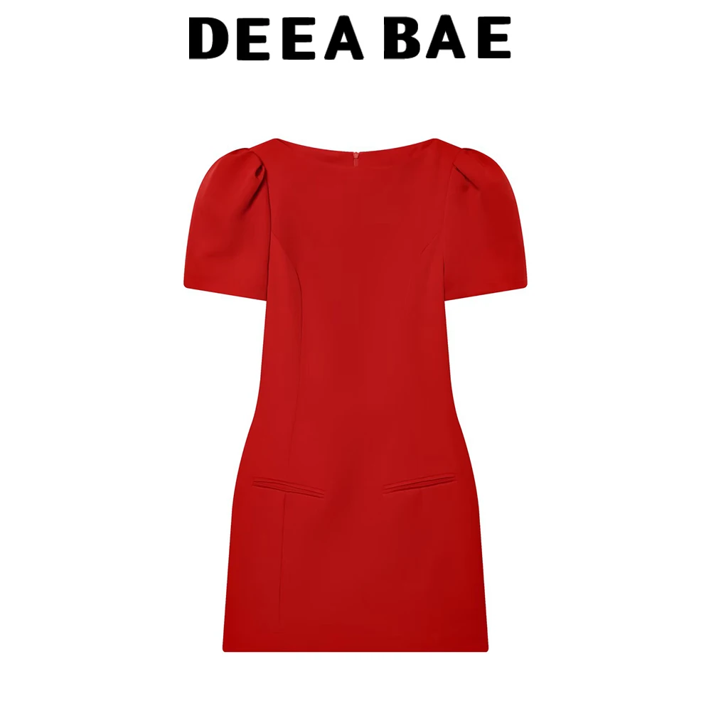 เดียบาเอ ชุดเดรสสั้นสไตล์ฝรั่งเศสแบบเฮปเบิร์น คอเดี่ยว แขนสั้น จับจีบ มีกระเป๋า สำหรับผู้หญิง ฤดูหนาว