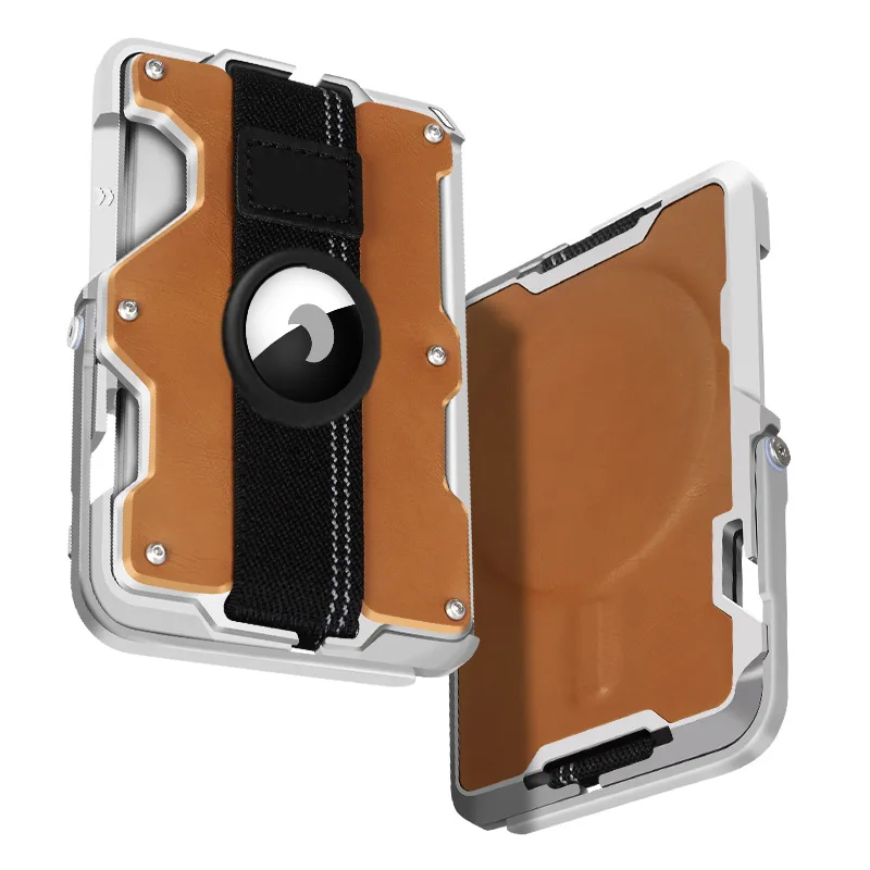 Men's Wallet Leather Metal Card Case Compatible with MagSafe Multi Function Mobile Phone Stand/Grip Bottle Opener RFID Shielding