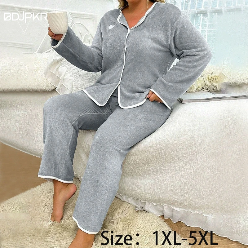 

Фланелевой свитер большого размера, одежда для сна с нежным принтом в форме сердца, воротник на палец, женская повседневная домашняя одежда, комплект из 2 предметов YCF0095