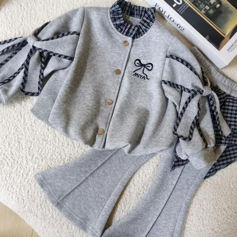 UNITIM Autumn Children Girls 2PCS Clothes Set 2-10Y Kid Girl Bow Long Sleeves Cardigan Jacket Suit Loose Toddler Girl Flare Pant