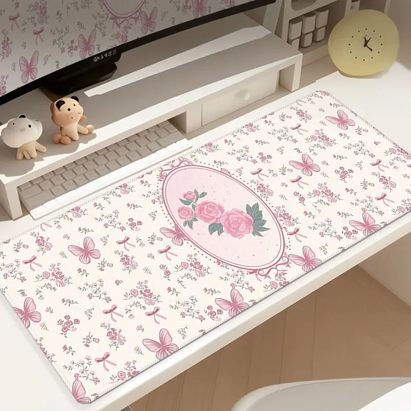 Spring Bow Aesthetic XXL PU Leather Long Desk Mat | Girls Office Keyboard Large Mouse Pad, Cute Study Desk Decor for Computer