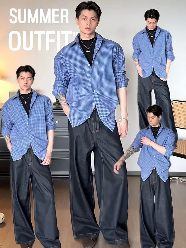 

Мужская свободная удлиненная рубашка-поло с защитой от солнца, весенний дизайн, сине-белая клетка, удобная, дышащая, из полиэфирного волокна