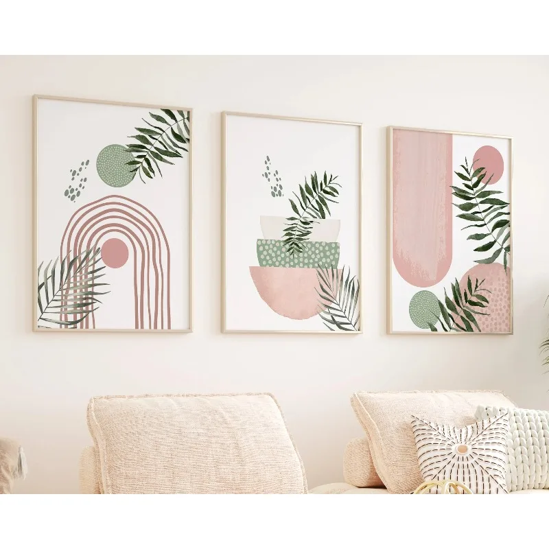 Rosa Salbeigrüne Abstrakte Wandkunst-Poster im Bohemian-Stil, Dekorative Gemälde, Wandkunst, mehrere Stücke, geeignet für Raumdekoration, Schlafzimmer