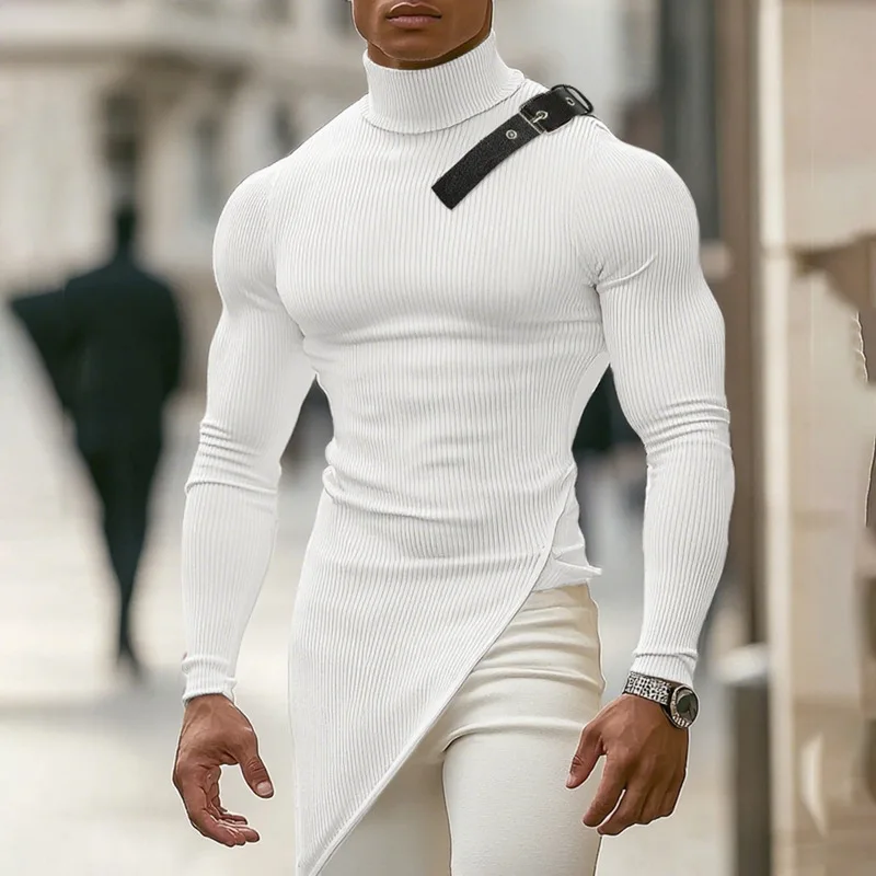 Mens Turtleneck Ribbed Long Sleeve Top Irregular Slit Hem Slim Muscle Shirt Shoulder Buckle Strap Fashion Bodycon Blouse