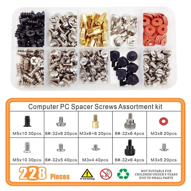 228Pcs Computer Screw Assortment Kit, Motherboard Standoff Hand Screw Bolt for PC Case Fan, Hard Drive DIY Hardware Set